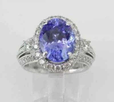 3.50 Ct Oval Cut Blue Tanzanite Women Halo Engagement Ring 14K White Gold Plated - Image 1 of 4