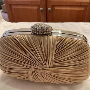 Elegant Evening Satin Champagne Color Clutch Handbag Small Size - Picture 1 of 4