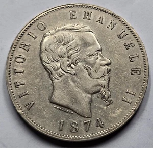 ITALY SILVER 5 LIRA COIN 1874 VITTORIO EMANUELE II - Picture 1 of 2