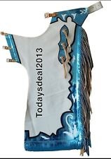 Western Blue Leather Top Grain leather Bull Riding Rodeo Chaps with Fringes 20