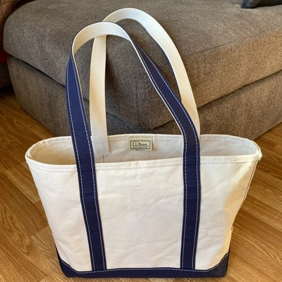 LL Bean Boat And Tote Bag Azul Marino y Blanco Algodón Lona - Talla 16x10” ¡LEER! Foto 1 de 4