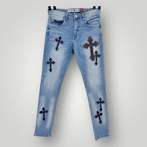 Black Pike Jeans Mens 32x32 Blue Faded with Crosses Embroidered & Graphic Print - Picture 1 of 7