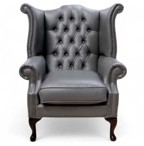 Queen Anne Grey Italian Leather Chesterfield Buttoned High Back Chair - Picture 1 of 3
