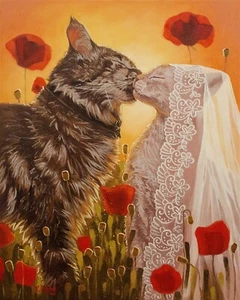 Cats wedding in poppy field, Original fantasy artwork oil painting, 16''x20" - Picture 1 of 7