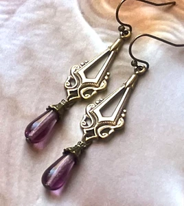 Art Nouveau Earrings Brass Filigrees W/ Antique Amethyst Czech Glass Drops - Picture 1 of 4
