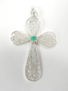 Colombian Round Emerald Pendant 0.12 Cts set in Sterling Silver Filigree Muzo Mi - Picture 1 of 13