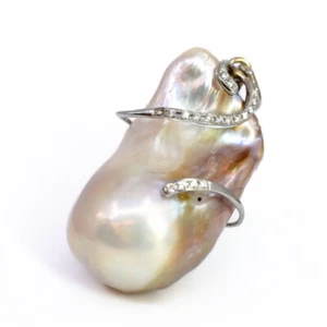 14ct White Gold Large Baroque Pearl & Diamond Pendant #65663 - Picture 1 of 10