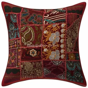 Indian Cotton Decorative Home Maroon 16" Vintage Patchwork Floral Cushion Cover - Picture 1 of 3