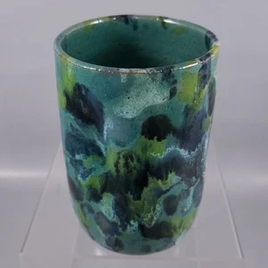 Vintage SIGNED CELIA COLE POTTERY Sanford NC Green Blue Drip Spatter TUMBLER - Picture 1 of 9
