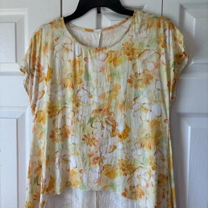 Emery Rose Top Hi Lo gelb Blumen fließend Kurzarm Shirt Gr. S - Bild 1 von 6