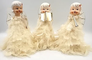 Vtg Hold Howard Japan Christmas Ceramic Choir Trio Angels w/Feather Skirts 7.5" - Picture 1 of 24