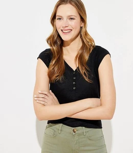 Camiseta Top Ann Taylor LOFT Talla XXL Manga Gorra Henley Lino Negra - Imagen 1 de 6