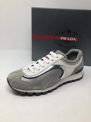 $620 Nuevo PRADA Hombres Gris Plata Blanco Zapatos Tenis Talla 7 EE. UU. 6 UK 40 UE Foto 1 de 4