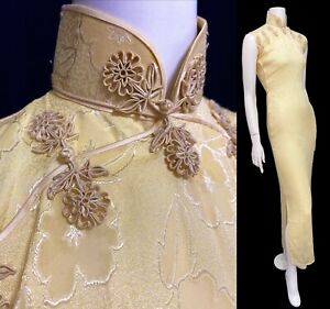 Vintage 30s 40s cheongsam Qipao dress yellow silk burnout sheer floral long XS