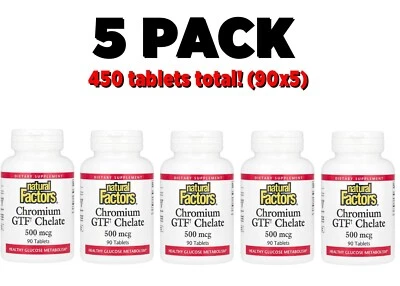 Factores Naturales, Quelato de Cromo GTF, PAQUETE DE 5, 500 mcg, 90 Comprimidos cada uno x 5 Foto 1 de 3