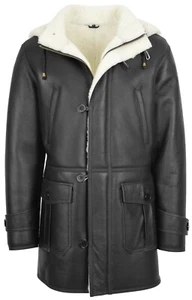 Mens Real Sheepskin Duffle Coat 3/4 Length Hooded Shearling Vincent Black - Picture 1 of 7