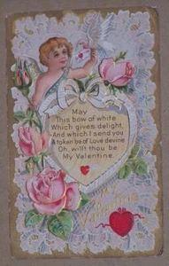 VINTAGE EMBOSSED VALENTINE PC, CUPID WITH DOVE CARRYING VALENTINE, PINK ROSES - Picture 1 of 1