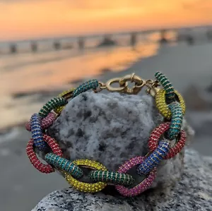 J Crew Grob Regenbogen Pavé Strass Panzerkette Armband Goldfarben 8" - Bild 1 von 22
