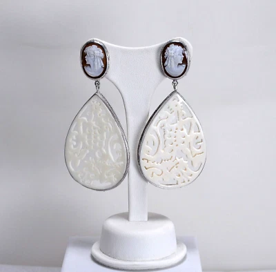 ORECCHINI IN ARGENTO 925 CON CAMMEI IN SARDONICO VOLTO E PENDENTI AGHT 0643 - Immagine 1 di 3