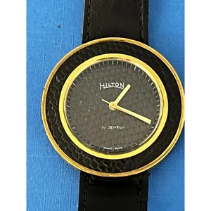 Vintage Hilton Uhr 17j schwarz mit goldfarben & Band 4 Teile / Reparatur - Bild 1 von 11