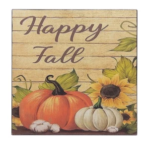 Happy Fall Pumpkin Sunflower Fall Thanksgiving Sign Shelf Sitter Wall Art 5 x 5" - Picture 1 of 4