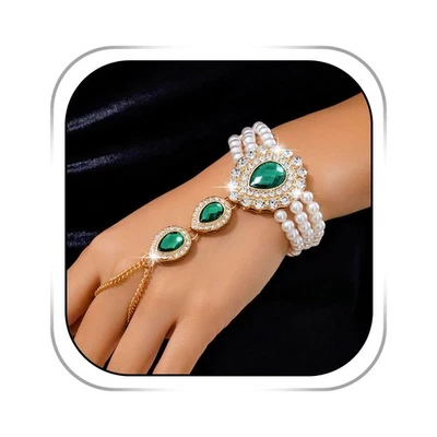 Pulsera anillo diamantes de imitación verde perla cristal pulseras de dedo cadena de mano vintage Foto 1 de 4