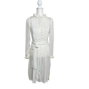 Vintage 60er 70er viktorianisches 2-teiliges transparentes Midikleid gerafft Rüschenausschnitt elfenbein - Bild 1 von 6