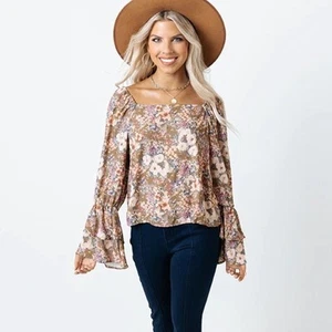 Camicia Peach Love California floreale boho manica lunga a campana fluida donna L - Foto 1 di 10