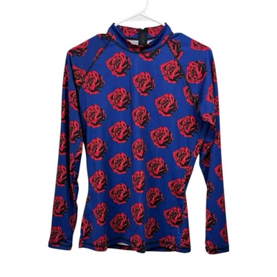 J Crew Rash Guard Womens Medium Blue Red Roses Floral Back Zip Swim Top - Image 1 of 4