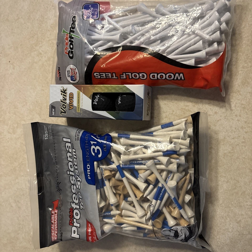 2 Packs Wood Golf Tees And 3 Volvik Black Vivid Golf Balls ￼ - Image 1 of 4