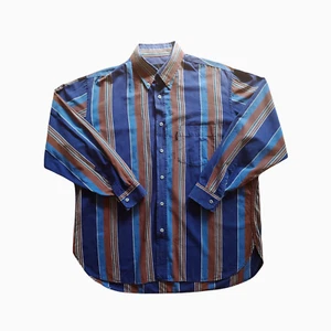 Vintage 90s Valentino Blue Brown Striped Long Sleeve Shirt Colourful Retro Smart - Picture 1 of 3