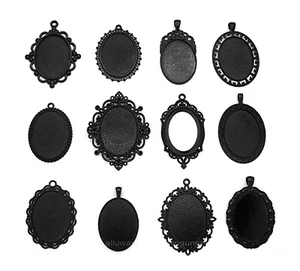 12 Assorted Gothic Black Metallic 40mm x 30mm CAMEO PENDANTS Frames Settings LOT - Picture 1 of 12