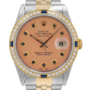 Rolex Datejust Unisex Two-Tone Watch 16233 Peach Sapphire Dial & Diamond Bezel - Picture 1 of 9