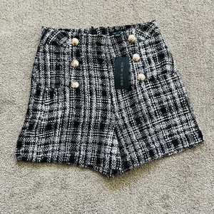 New Look Patsy Boucle Short Women's 10 Black Plaid Tweed Casual Gold Buttons - Picture 1 of 8