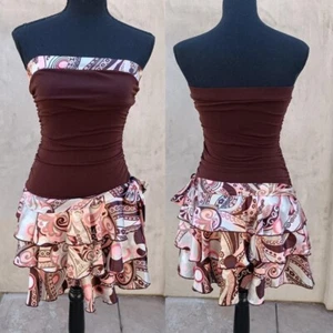 Vintage Y2k Hippie Whimsy Fairy Paisley Tiered Ruffle Strapless Mini Dress 90s - Picture 1 of 7