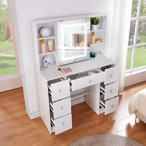 Vanity Set Specchio Illuminato LED con 7 Cassetti Trucco Comodino Bianco - Foto 1 di 10
