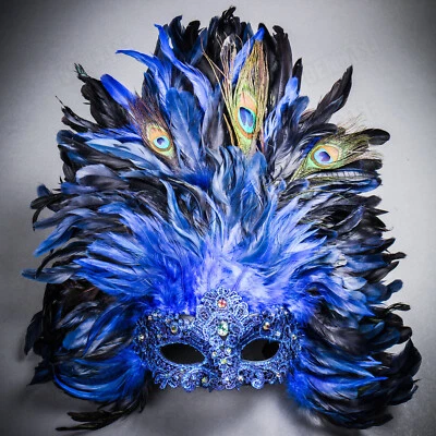 BLUE Tall Feather Venice Carnival Mask Women Masquerade Sexy Venetian Costume - Image 1 of 4