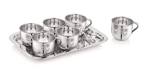 Stainless Steel Floral Design Tea Cup Set with Tray ( 140ml, 6pc Set with Tray ) - Picture 1 of 4