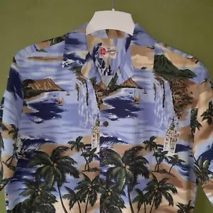 Hilo Hattie The Original Hawaiian Short Sleeved Shirt Size L Palm Beach Scene - Picture 1 of 7