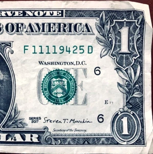 Four in a Row 1s Fancy Serial Number One Dollar Bill F1111-9425D - Bild 1 von 3