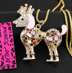 Betsey Johnson Crystal Crown Poodle Dog Rose Gold Pendant Necklace Free Gift Bag - Picture 1 of 3