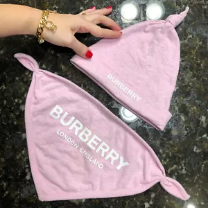 XXS 0-6 m Authentic BURBERRY London Baby Girl Hat Bib Set Pink Logo Infant NB - Picture 1 of 11