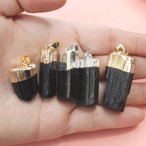 1PC Natural Black Tourmaline Pendant Raw Crystal Silver Gold Trim For Necklace - Picture 1 of 10