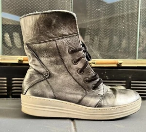 V-Italia Black-Metallic Leather Mid Calf Boots EU 40 US 9.5 Moto Combat - Picture 1 of 7