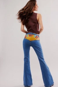 Free People Driftwood Farrah Embroidered Flare Jeans Sun Blue Gold Brown 29S NWT - Picture 1 of 4
