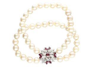 Doppelreihige Perlen Armkette Armband Damen mit Rubinen Diamanten 750 Weißgold - Bild 1 von 3