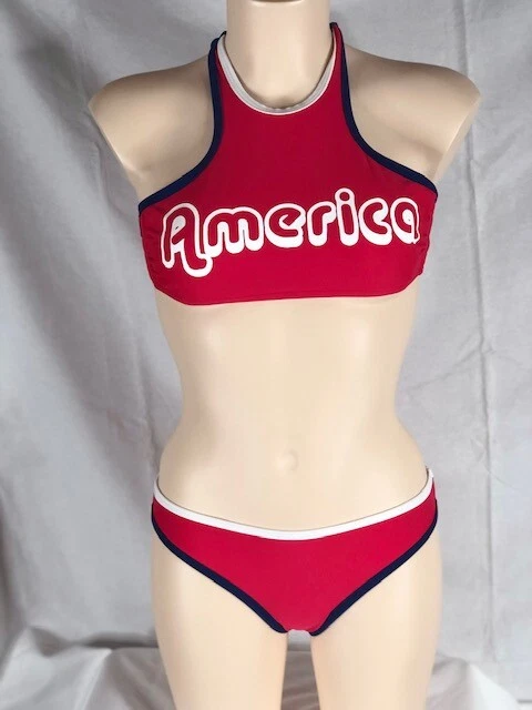 California Waves Womens America Red Graphic Swim Top Separates S BHFO 6032