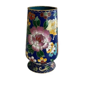 Vintage Cloisonne Messing Emaille Vase 5" blau Blumensockel - Bild 1 von 9