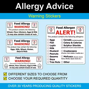 Food Allergy & Allergen Advice / Alert Warning Stickers - A Choice Of 8 Stickers - Picture 1 of 10