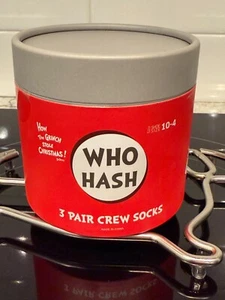 NIB Dr Seuss THE GRINCH Who Hash Canister 3 Pair Kids Crew Socks Size 7-9 - Picture 1 of 8